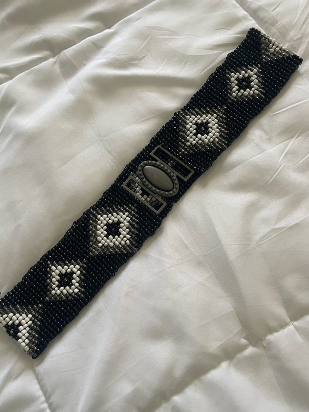 Vintage Black, White & Silver Beaded Eye-Pattern Belt - Picture 4 of 5